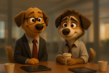 Business Dogs in Office Meeting – Cute 3D Cartoon Characters in Workplace Scene