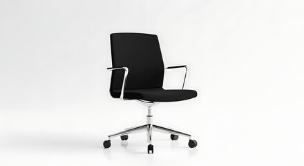 Obraz premium Modern black ergonomic office chair with chrome base and armrests on a clean white background