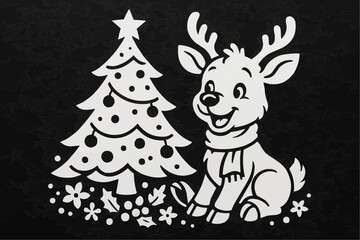 Naklejka premium Vector stencil is a cute cartoon deer sitting next to a decorated Christmas tree, a decorative element for cutting, printing, window decoration.