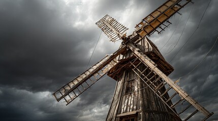 anemometer. Damaged windmill with broken sails turning against a stormy sky, resilience theme. ESG reports, sustainability campaigns, designed for environmental awareness campaigns.