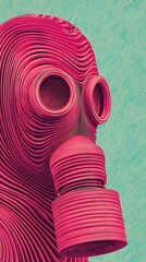 Abstract Peach Pink Gas Mask with Pixelated Texture on Blue Yellow Background Artistic Render