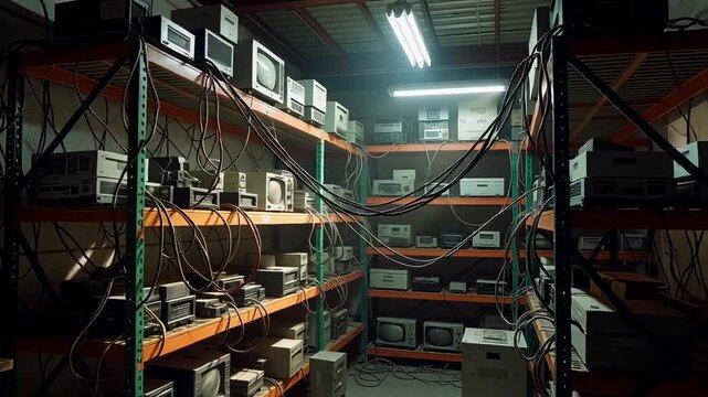 Retro technology warehouse filled with vintage computers and tangled wires, capturing a nostalgic tech vibe. - Powered by Adobe