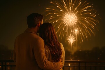 A man and woman are hugging each other while looking at fireworks