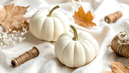 Autumn Still Life with White Pumpkins and Dried Leaves.