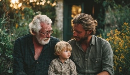 Three generations of men bonding outdoors
