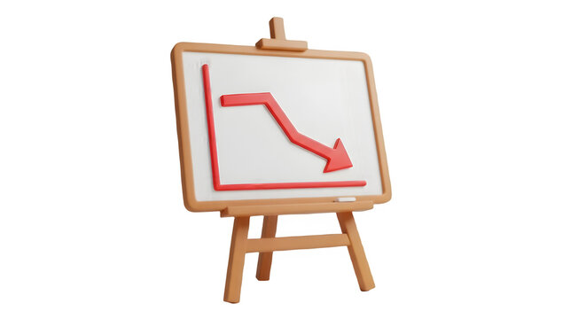 whiteboard on easel with descending red graph chart arrow down 3d cartoon illustration