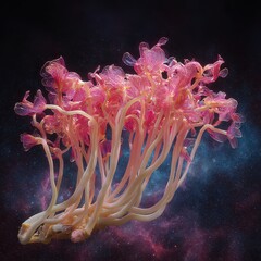 Abstract Pink Plant on Cosmic Background with Glowing Particles and Interstellar Nebula, Fantasy Floral Concept, Futuristic Sci-Fi, Ethereal Visuals