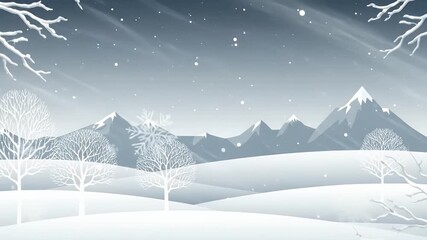 A charming animated winter landscape unfolds with gentle snow falling over a serene mountain range and rolling snow-covered hills. Bare, stylized trees, stark white against the soft blue-grey sky, pun