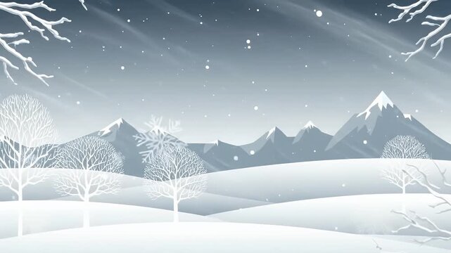 A charming animated winter landscape unfolds with gentle snow falling over a serene mountain range and rolling snow-covered hills. Bare, stylized trees, stark white against the soft blue-grey sky, pun