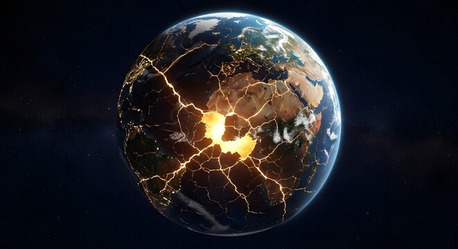 A digital rendering of Earth at night showing illuminated continents and city lights across the globe with a focus on the Middle East and surrounding regions