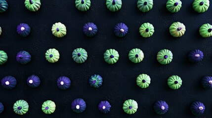 Colorful miniature pumpkins arranged in an artistic display on a dark background
