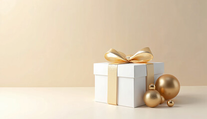 Minimal White Gift Box with Gold Ribbon and Ornament on Soft Beige Background &mdash; Elegant Holiday Layout
