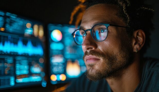 Man wearing computer glasses coding at night