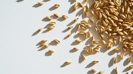 Golden grains scattered on a white surface showcasing their texture and shadows