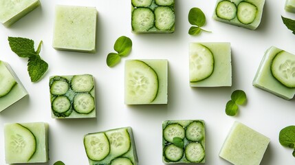 Refreshing cucumber and mint soap squares arranged artfully on a clean surface