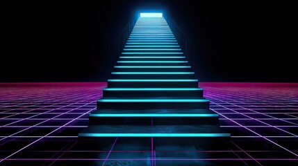 Abstract Stairway to Glowing Light with Dark Background and Illuminated Grid Pattern in Cyan and Pink Hues