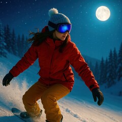A woman in a red jacket and orange pants is snowboarding