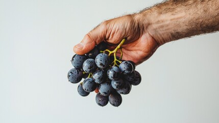Freshly harvested black grapes held in a man's hand against a plain background at home while preparing for a meal