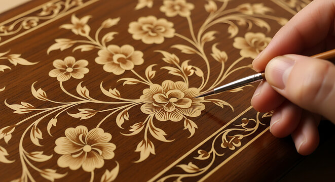 Close-up of artist hand painting intricate floral design on wooden surface with brush