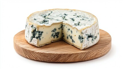 Delicious round cheese with a creamy texture and blue veins served on a wooden board in a modern kitchen setting