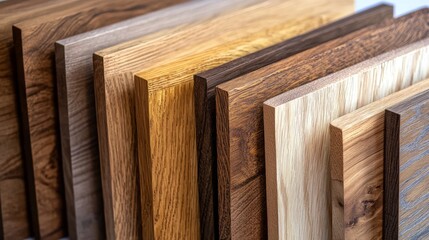 Variety of wooden panels stacked for display in a workshop showcasing different textures and colors