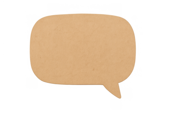 Brown paper speech bubble for communication and dialogue, cutout element with transparent background