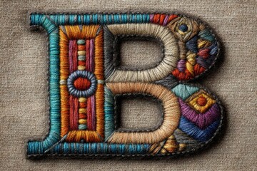 The bright embroidered letter B in ethnic style is a decorative vitamin letter, a symbol of sports nutrition and healthy lifestyle, handmade with colored threads on fabric for brand design, typography