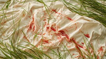Fabric stained with red liquid amidst fresh green grass on a sunny day