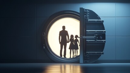 Family emerges from a large vault in a mysterious setting during a dimly lit moment