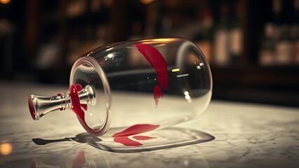 imprudence. An overturned wine glass with lipstick marks on a bar counter in moody lighting. bar promotions, beverage menus, designed for food & beverage menus and cafe branding.