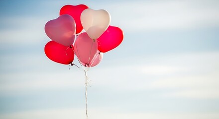 Vibrant cluster of red, pink, and white heart-shaped balloons floating freely against a serene blue sky, symbolizing love and joyous celebration.