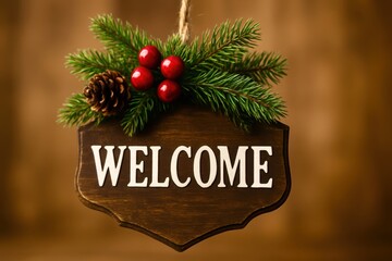 A sign that says "welcome" with a snowman and a tree