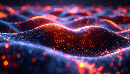 Abstract Technological Waves: A mesmerizing display of digital artistry, with waves of energy pulsating in a symphony of glowing orange and blue, symbolizing data flow and innovation.