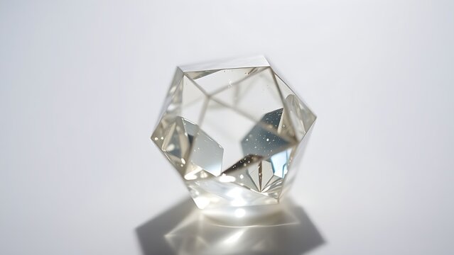 condoning. A naturally formed icosahedral crystal mineral, refracting geometric light in soft natural lighting against a clean background. STEM education sheets.