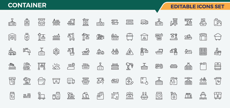 Container icon set in linear style. Plastic Bottle icon set. Contain linear symbols bottle, water bottle, eco, wine bottle, plastic bottle and more. Vector illustration. - Powered by Adobe