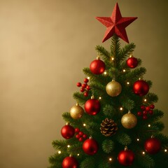 A Christmas tree with a star on top and many red and gold ornaments