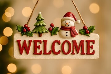 A sign that says "welcome" with a snowman and a tree