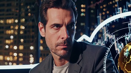Man studies finance chart on screen. Businessman watches live stock market graph overlay. City lights shimmer beyond urban window. Data and technology surround subject. Business focus implies growth. - Powered by Adobe