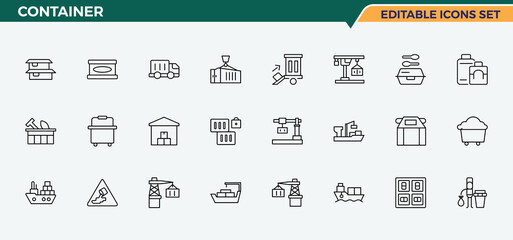 Container line icon set. Minimalist linear icons. Included drink, wine bottle, eco, water bottle. Editable stroke. Vector collection. Plastic Bottle icon set.