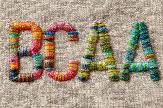Colorful bcaa letters displayed on tan linen background embellished with embroidery.Sports nutrition. Vitamin C. Healthy eating. Sport.