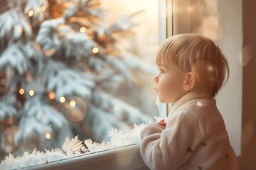 Child watching winter snow and christmas tree lights from window