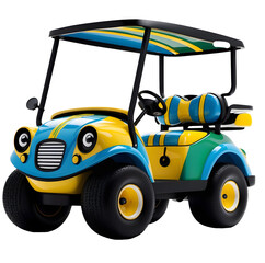 Obraz premium Brightly colored toy golf cart in blue, yellow, and green colors isolated on transparent background