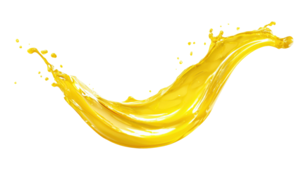 Golden oil splash forming elegant curved wave shape with droplets, isolated on transparent background