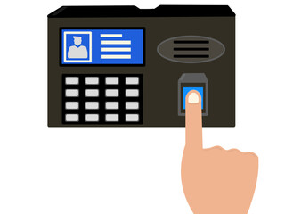 Hand interacting with biometric attendance machine. Touch-based authentication for secure access and time logging.