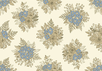 Elegant seamless pattern featuring delicate blue forget-me-nots and intricate beige roses, perfect for vintage textile designs and botanical backgrounds