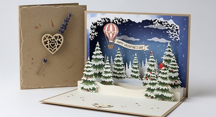 Whimsical pop-up valentine's day card with a winter wonderland, hot air balloon, festive pine trees, and a tiny robin, beside a rustic card.