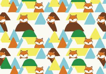 Cute cartoon fox seamless pattern with colorful geometric triangles, a whimsical design for children's textiles