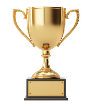 Polished golden championship trophy with two handles and engraving plaque, isolated on transparent background
