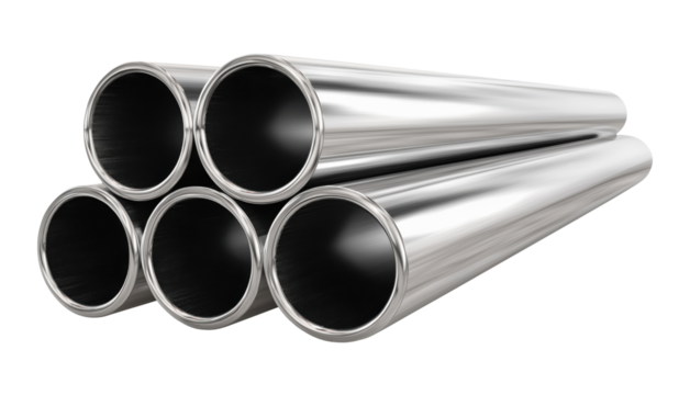 Stack of cylindrical metallic tubes isolated on transparent background