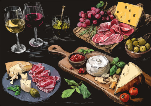 Rustikale Vektor-Zeichnung einer &uuml;ppigen K&auml;se- und Wurstplatte mit Rot- und Wei&szlig;wein auf dunklem Hintergrund.